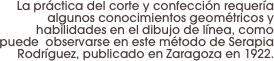 La práctica del corte y confección requería algunos conocimientos geométricos y habilidades en el dibujo de línea, como puede  observarse en este método de Serapia Rodríguez, publicado en Zaragoza en 1922.
