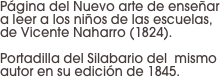 Página del Nuevo arte de enseñar a leer a los niños de las escuelas, de Vicente Naharro (1824).
 
Portadilla del Silabario del  mismo autor en su edición de 1845.