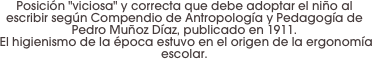 Posición "viciosa" y correcta que debe adoptar el niño al escribir según Compendio de Antropología y Pedagogía de Pedro Muñoz Díaz, publicado en 1911.
 El higienismo de la época estuvo en el origen de la ergonomía escolar.