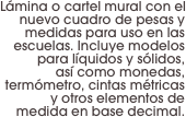 Lámina o cartel mural con el nuevo cuadro de pesas y medidas para uso en las escuelas. Incluye modelos para líquidos y sólidos, 
así como monedas, termómetro, cintas métricas y otros elementos de medida en base decimal.